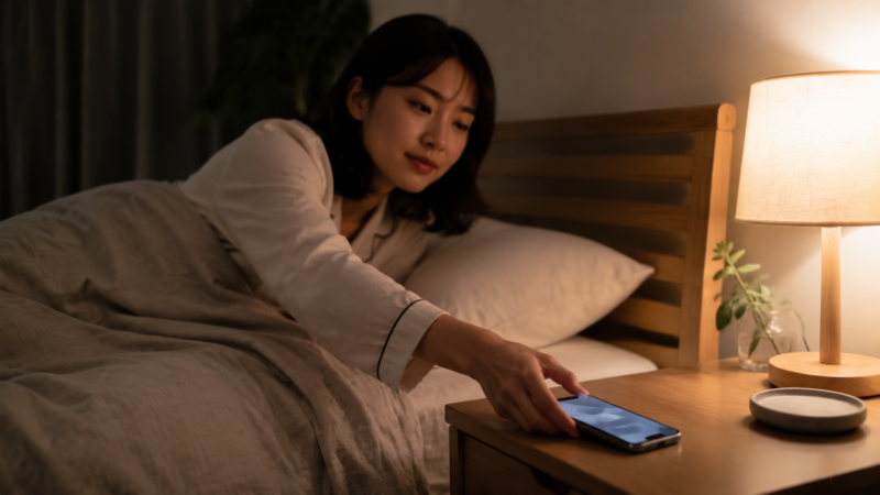 就寝前にグレースケールのスマホをベッドから離して置く日本人女性