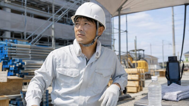 屋外作業現場で安全にネッククーラーを使用する日本人作業員