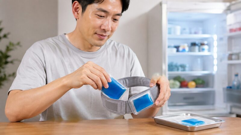 アイスノン首もとひんやり氷結ベルトへ冷凍した交換用ゲルを入れる日本人男性
