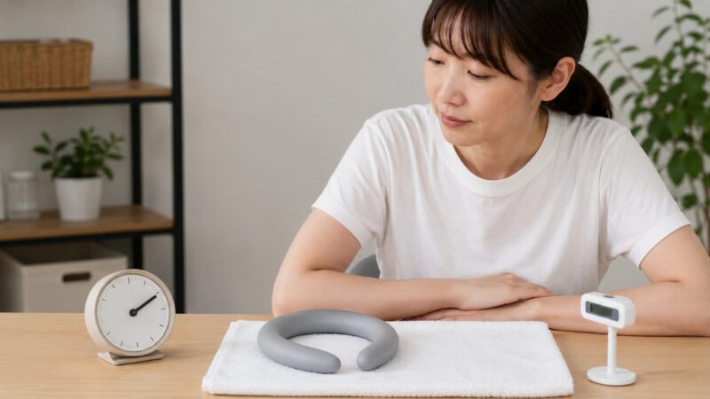従来形状のアイスノンネッククーラーを時計と温度計で実測する日本人女性