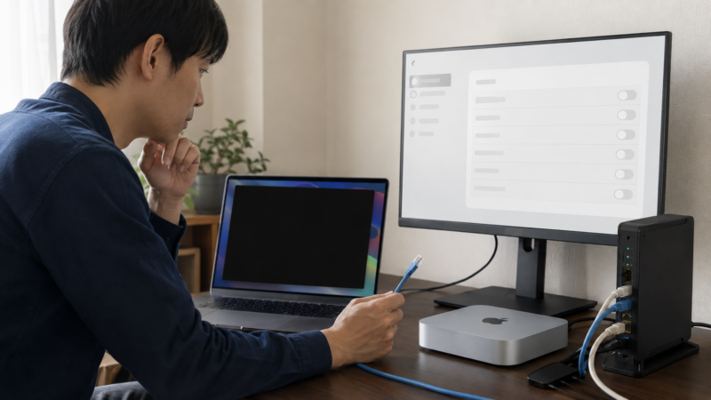 Macへのリモート接続画面が真っ黒になる原因を確認している様子