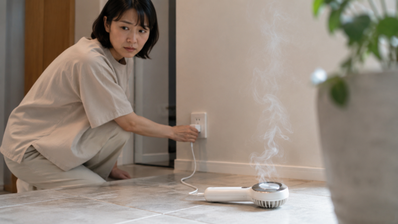充電中に発煙した携帯用扇風機から安全に離れて電源を抜く様子