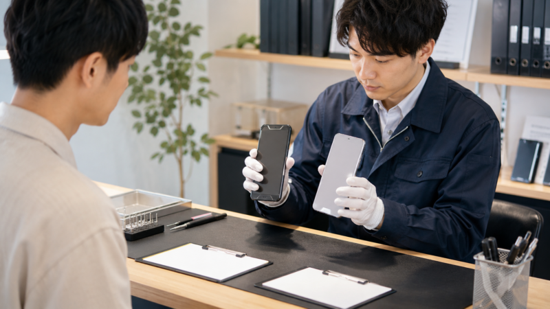 XiaomiとOPPOを想定したスマートフォンを修理窓口で点検する技術者