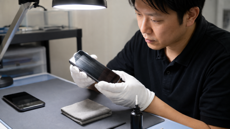 ガラスコーティング施工済みスマホの状態を確認する修理技術者