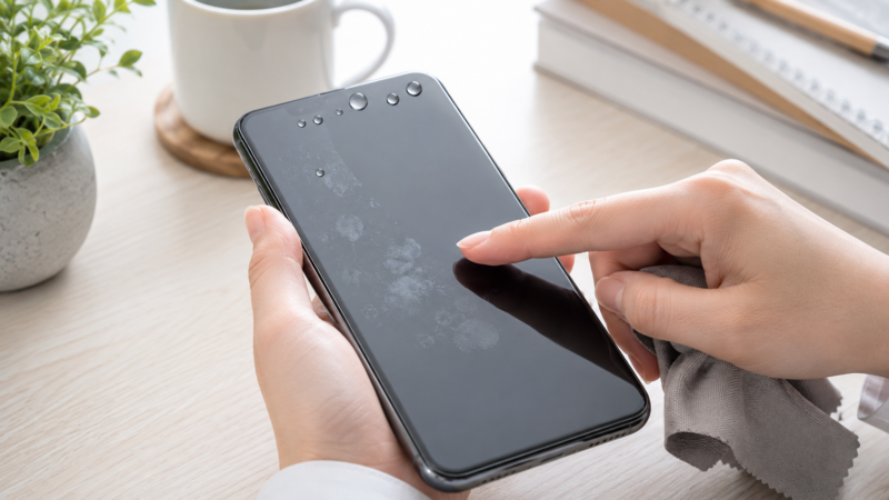 ガラスコーティング後のスマホ画面に見られる撥水性と滑らかな指触り