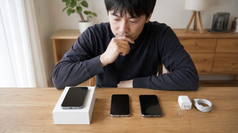 新品と中古と未使用品のスマートフォンを比較する日本人男性