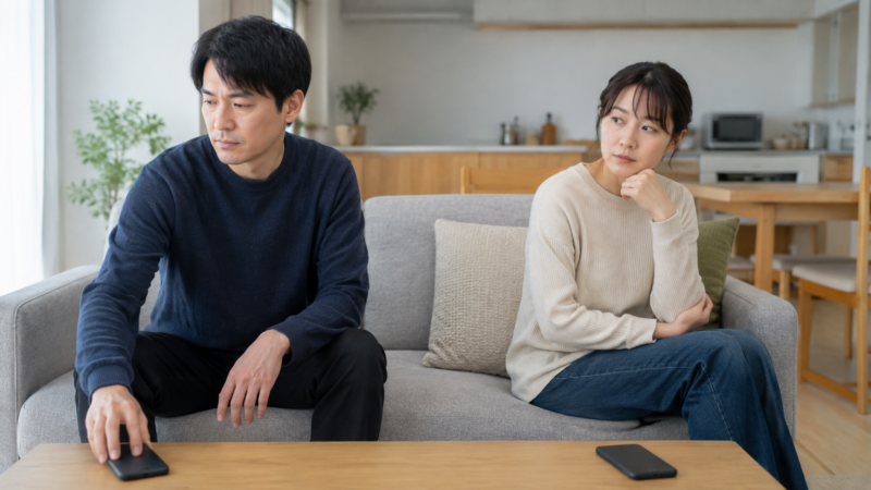 2台目のスマホを伏せて置く行動に不安を感じる日本人カップル