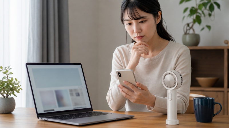 スマートフォンとパソコンでハンディファンの投稿を調べる日本人女性
