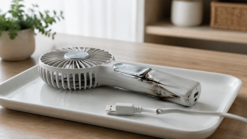 膨張や変形が見られるハンディファンと断線した充電ケーブル