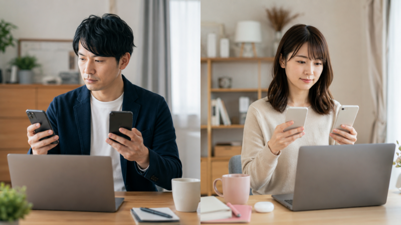男女とも仕事と私生活でスマホ2台を使う様子