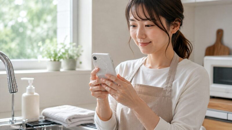 水回りで防水スマートフォンを使う日本人女性