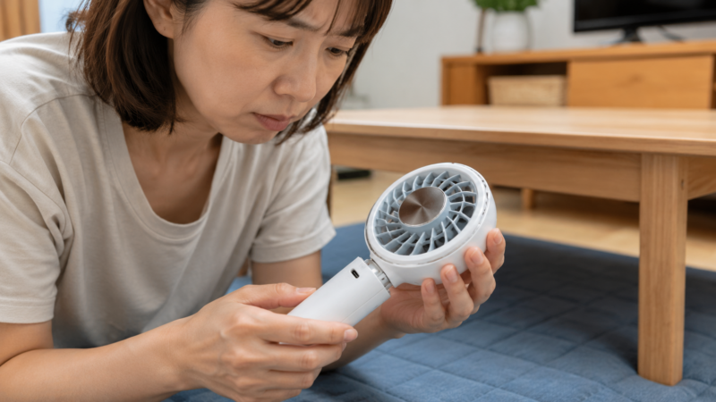 落下したハンディファンの外装や充電口を点検する日本人女性