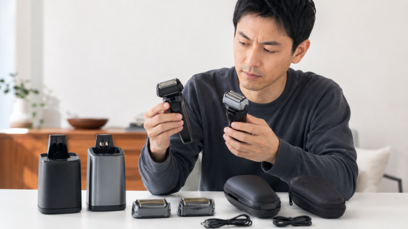 電気シェーバーの型番違いを想定して洗浄機や替刃などの付属品を確認する日本人男性