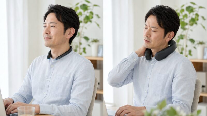 軽量タイプと大型タイプのネッククーラーで首への負担を比較する日本人男性