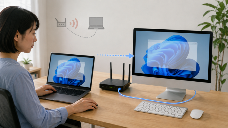 Macを有線LANへ接続してWindowsからのリモート操作を安定させる様子