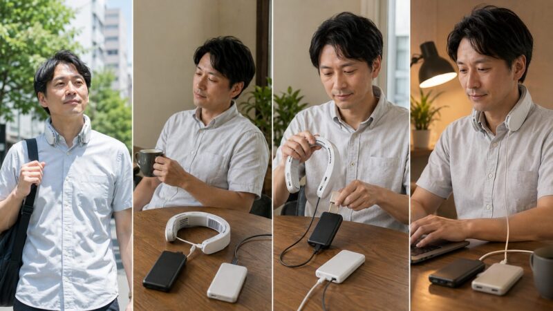 強弱の切り替えと充電や電池交換でネッククーラーを一日使う日本人男性