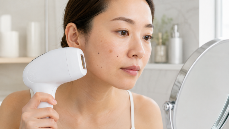 顔のほくろやシミを避けて光美容器を使用する必要性を示すイメージ