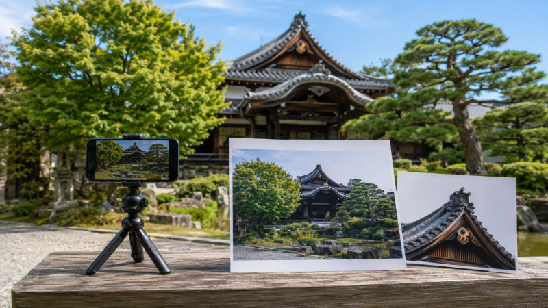 明るい屋外で寺院を撮影し屋根の細部を切り抜いた高画素写真の使用例