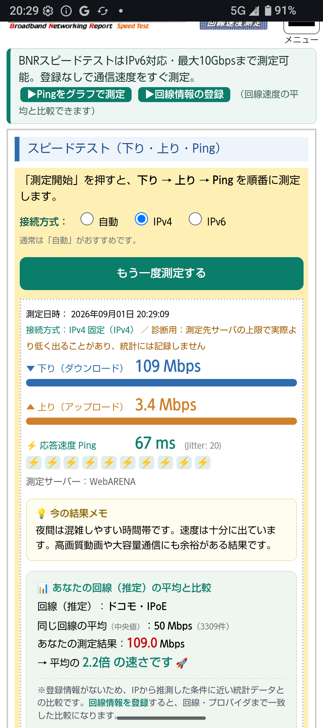 札幌市内の自宅で夜間に楽天モバイル5GをBNRスピードテストで測定した結果